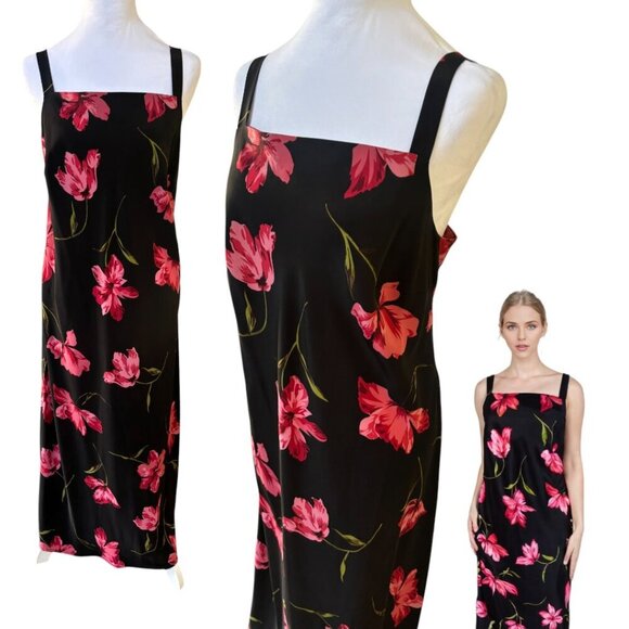 90'S Y2K SLIP DRESS VINTAGE EXPRESSIONS FLORAL MAXI BLACK/RED DRESS SIZE X LARGE - Picture 2 of 4
